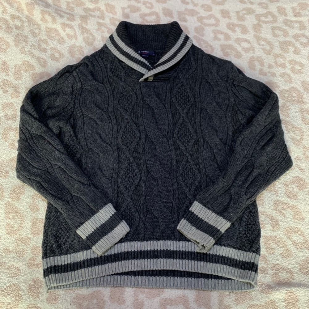 Cremieux Classics Shawl Collar Cable Knit Sweater Grey Lambswool Mens Large
